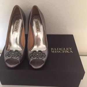 Badgley Mishka Pewter Jewel Buckle Heels